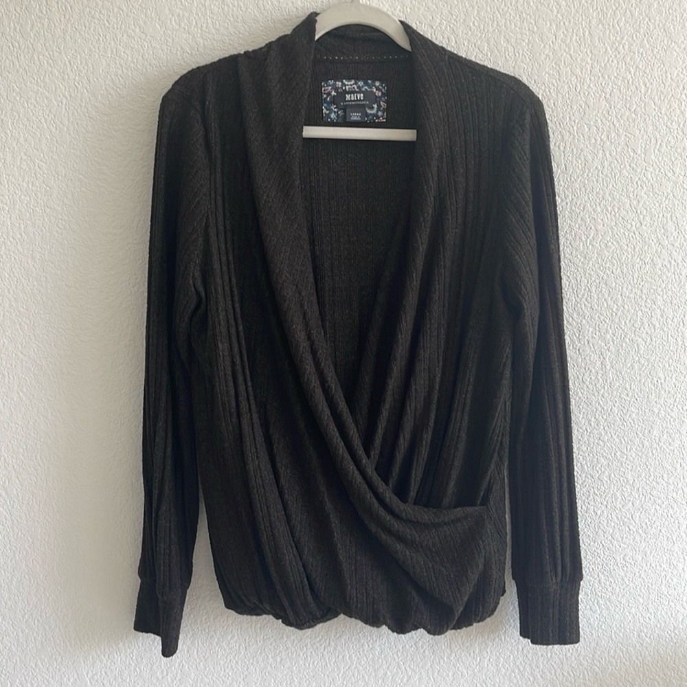 Maeve Dark Heather Grey Knit Cross Over Sweater - Size L